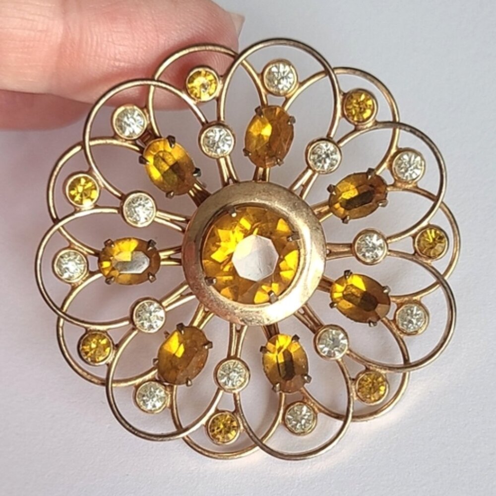 Vintage 60s Sterling Silver Yellow Crystal Rhinestone Large Brooch Pendant